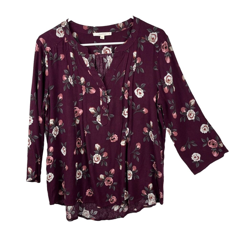 fun2fun Blouse Shirt 3/4 Sleeve Purple Plum Boho Summer Small Floral NWOT